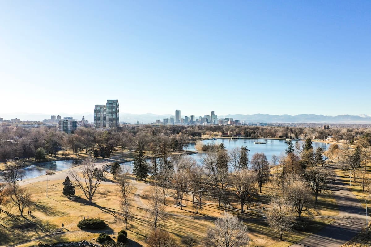Denver Colorado neighborhood with homes and Rocky Mountain views for families